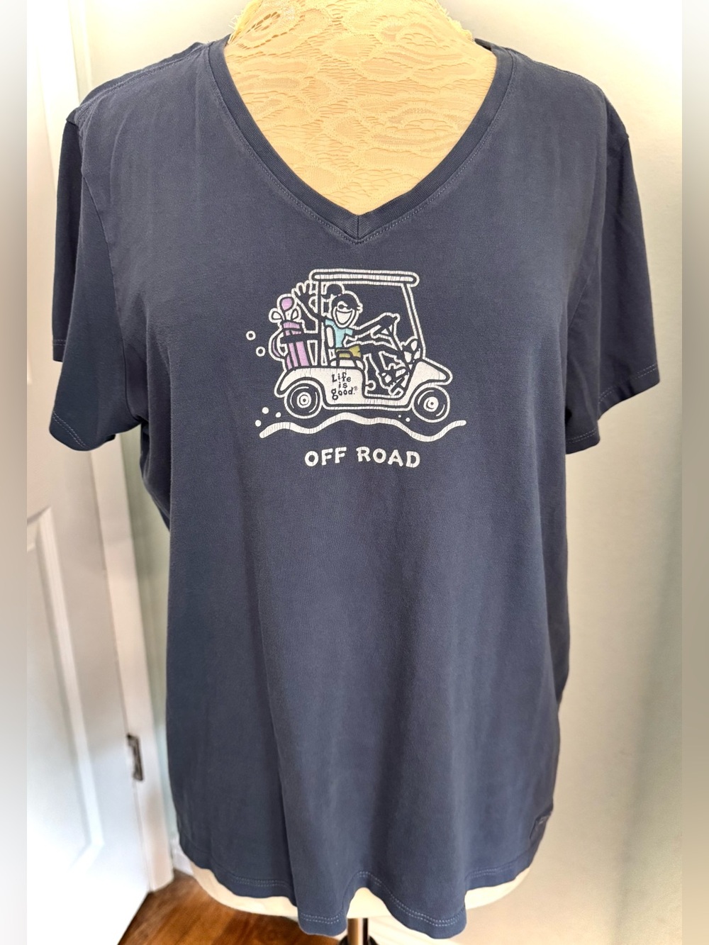 Life Is Good Women’s V-Neck Tee in Slate Blue with Off Road Golf Cart Graphic